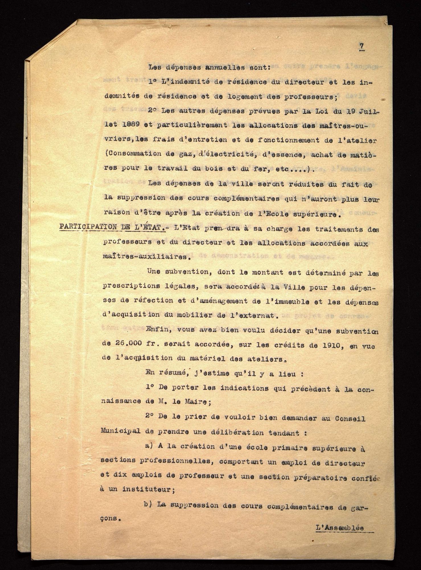 Rapport de l'inspecteur général sur l'intérêt de créer une école primaire supérieure à Périgueux  (2 février 1910).