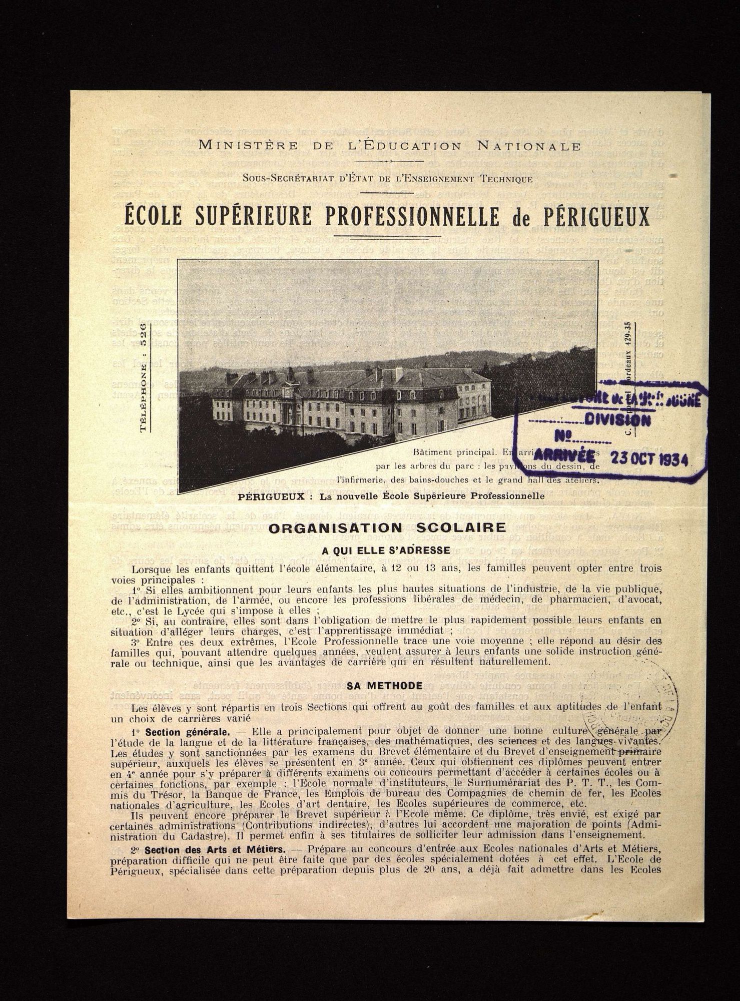 Prospectus de l'école professionnelle dans ses nouveaux locaux (1934).