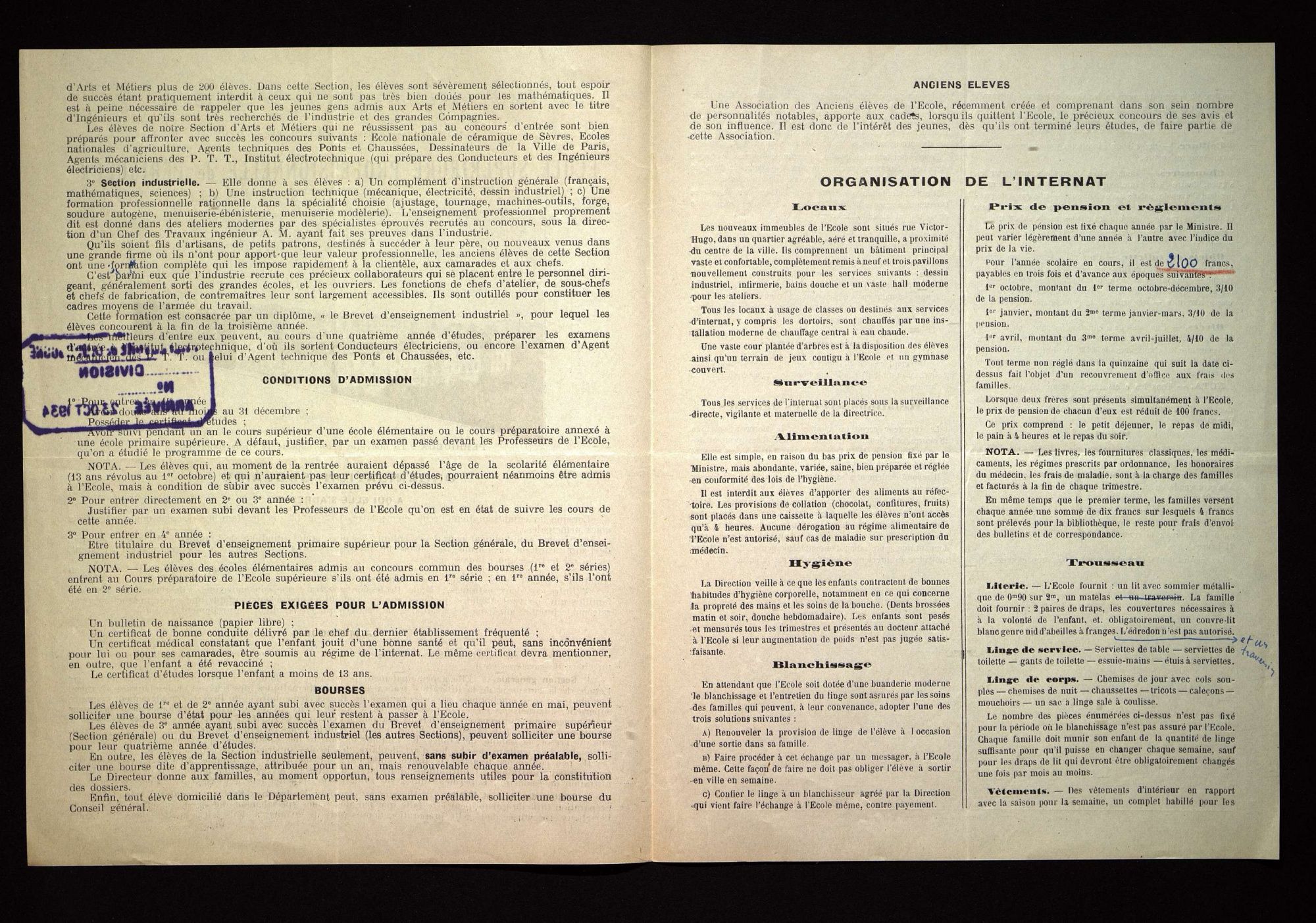 Prospectus de l'école professionnelle dans ses nouveaux locaux (1934).