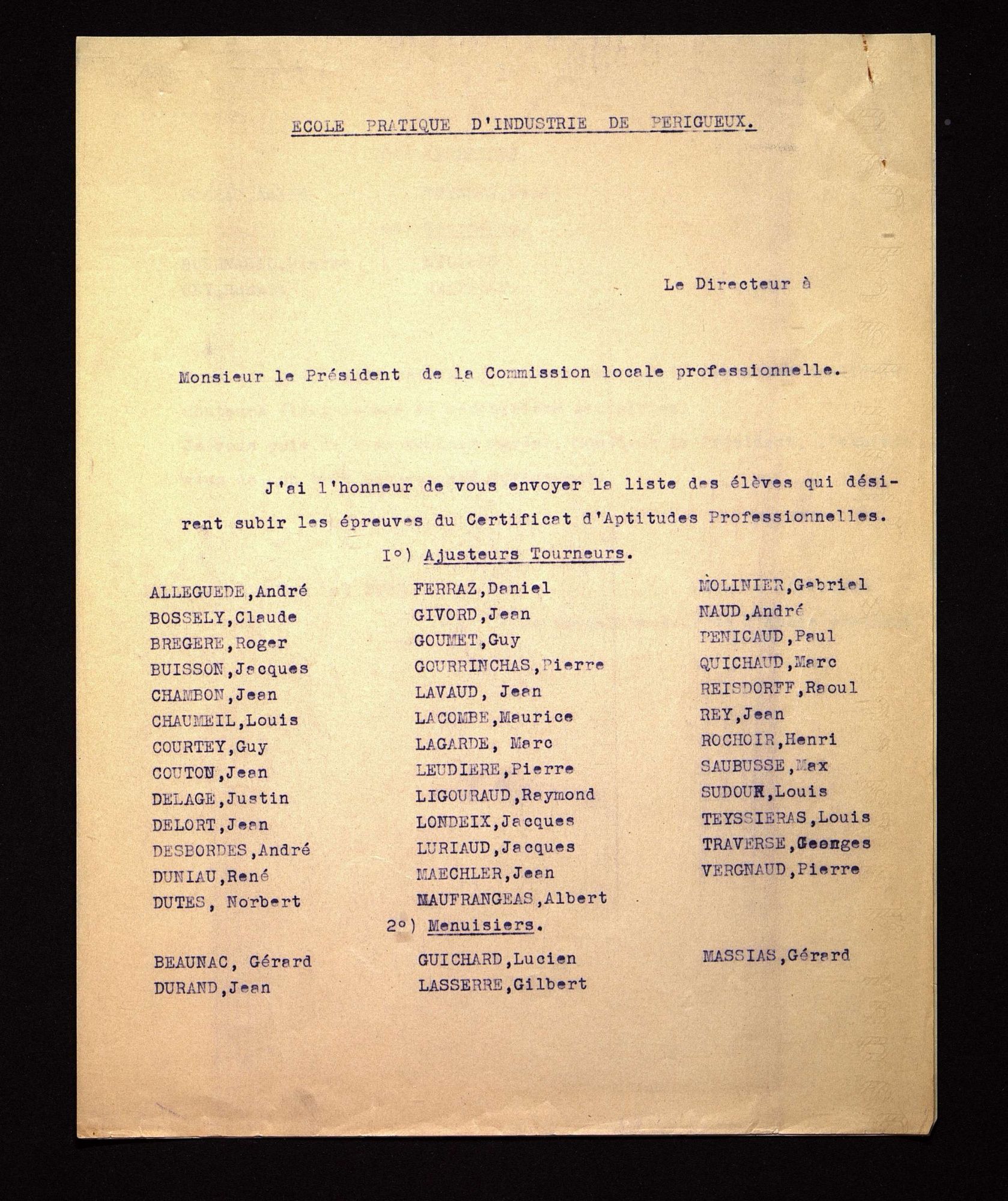 Lettre du directeur annonçant des candidats au Certificat d'aptitudes professionnelles (1939).