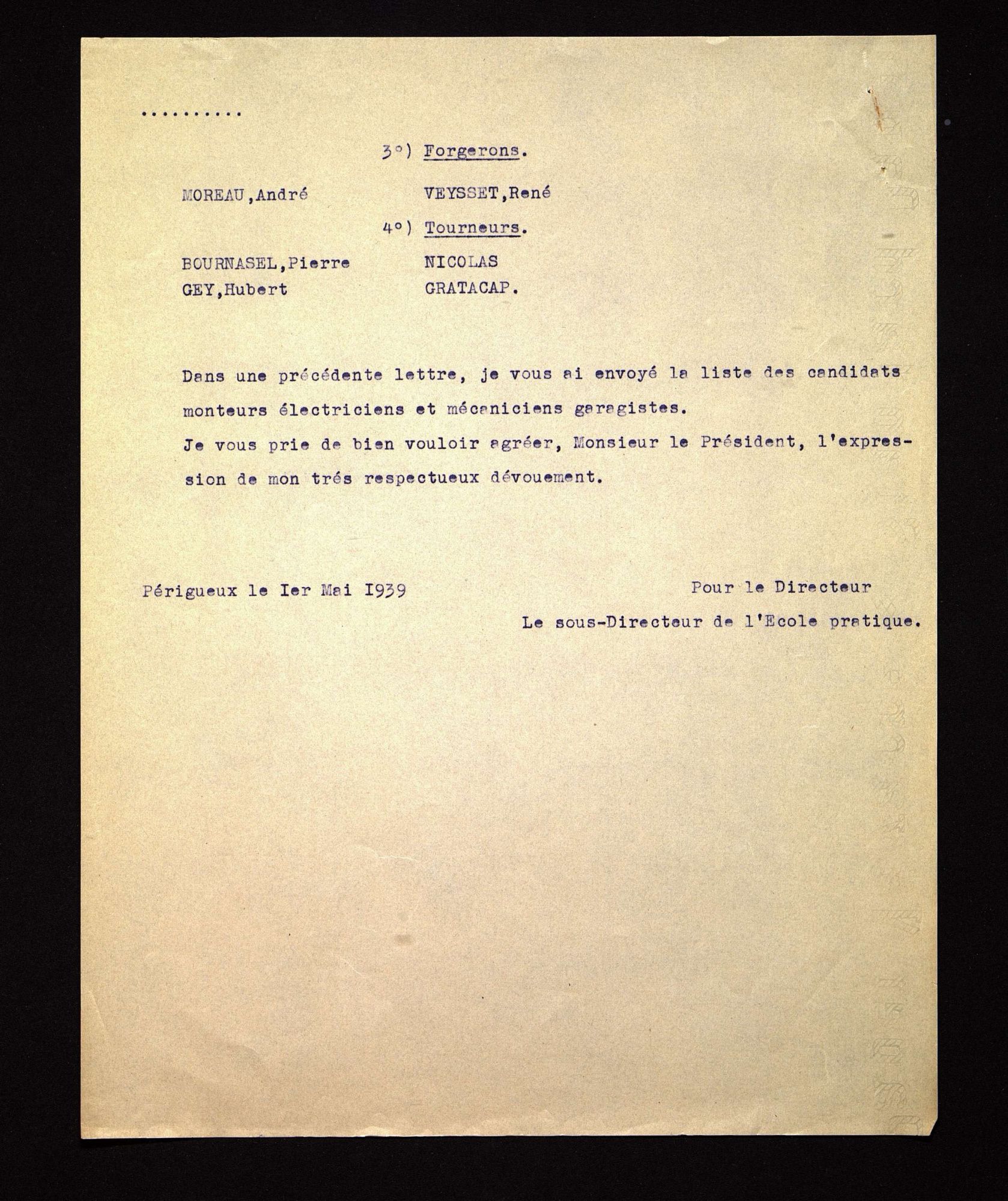 Lettre du directeur annonçant des candidats au Certificat d'aptitudes professionnelles (1939).