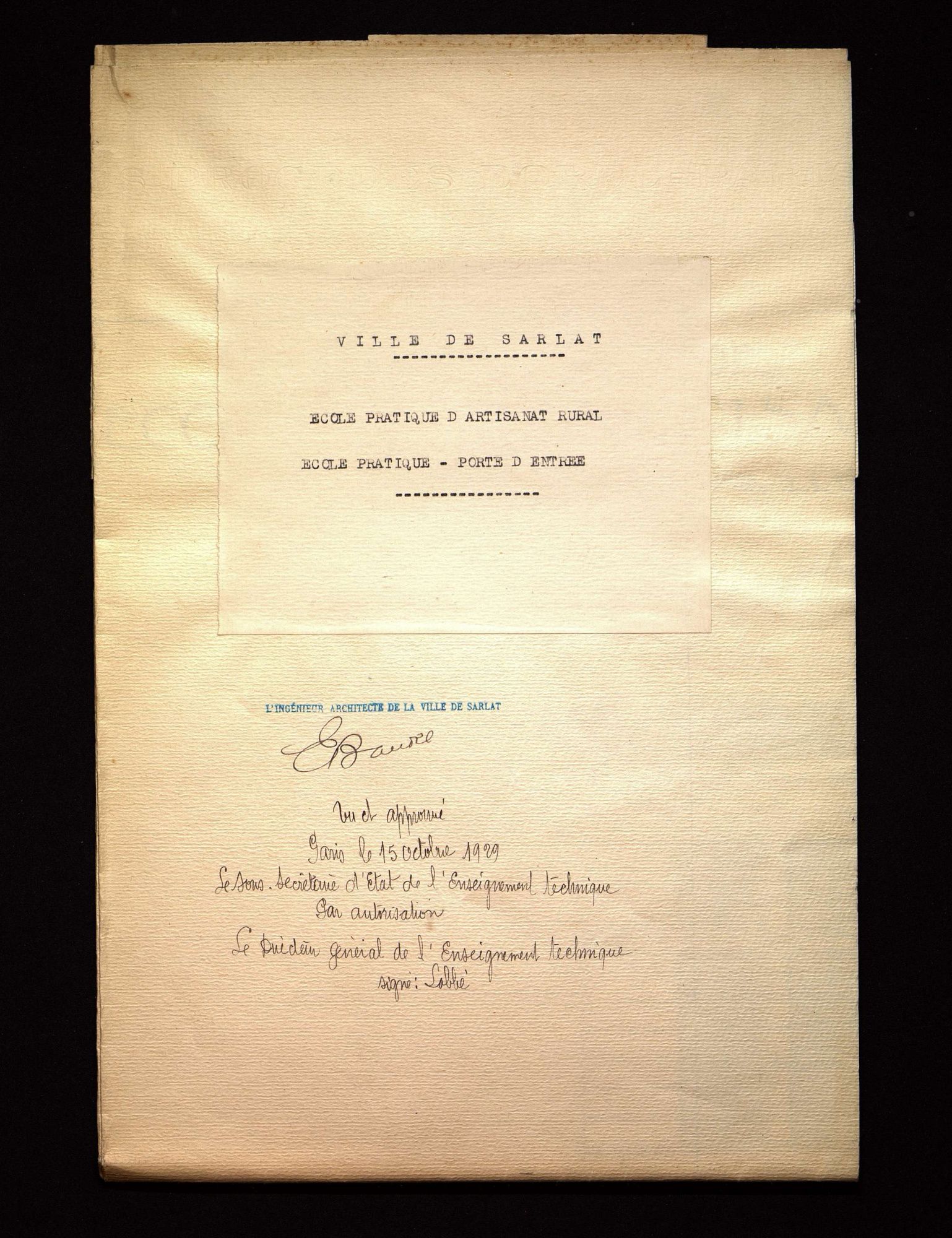 École pratique d'artisanat rural de Sarlat. Plan de la porte d'entrée (1929