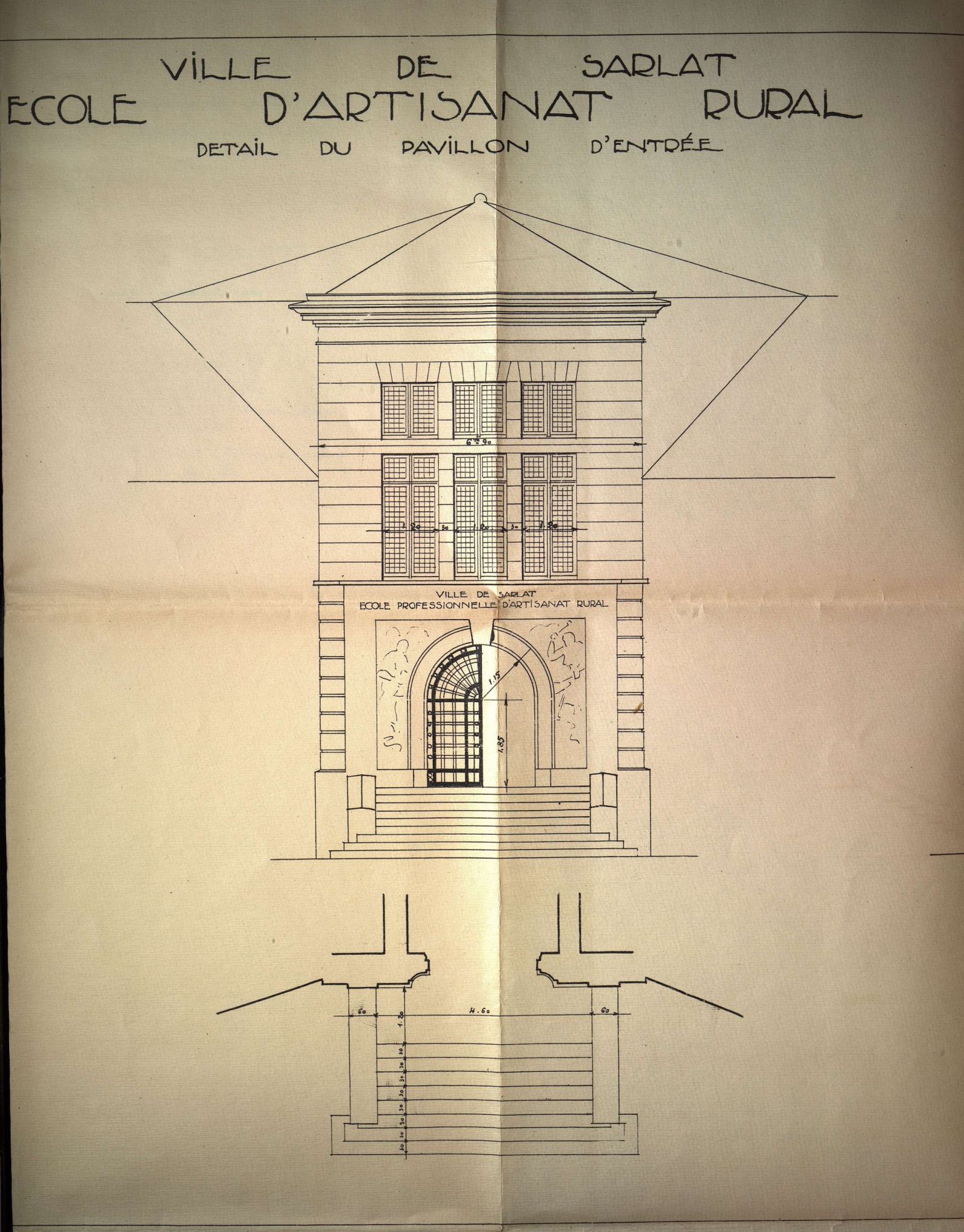 École pratique d'artisanat rural de Sarlat. Plan de la porte d'entrée (1929