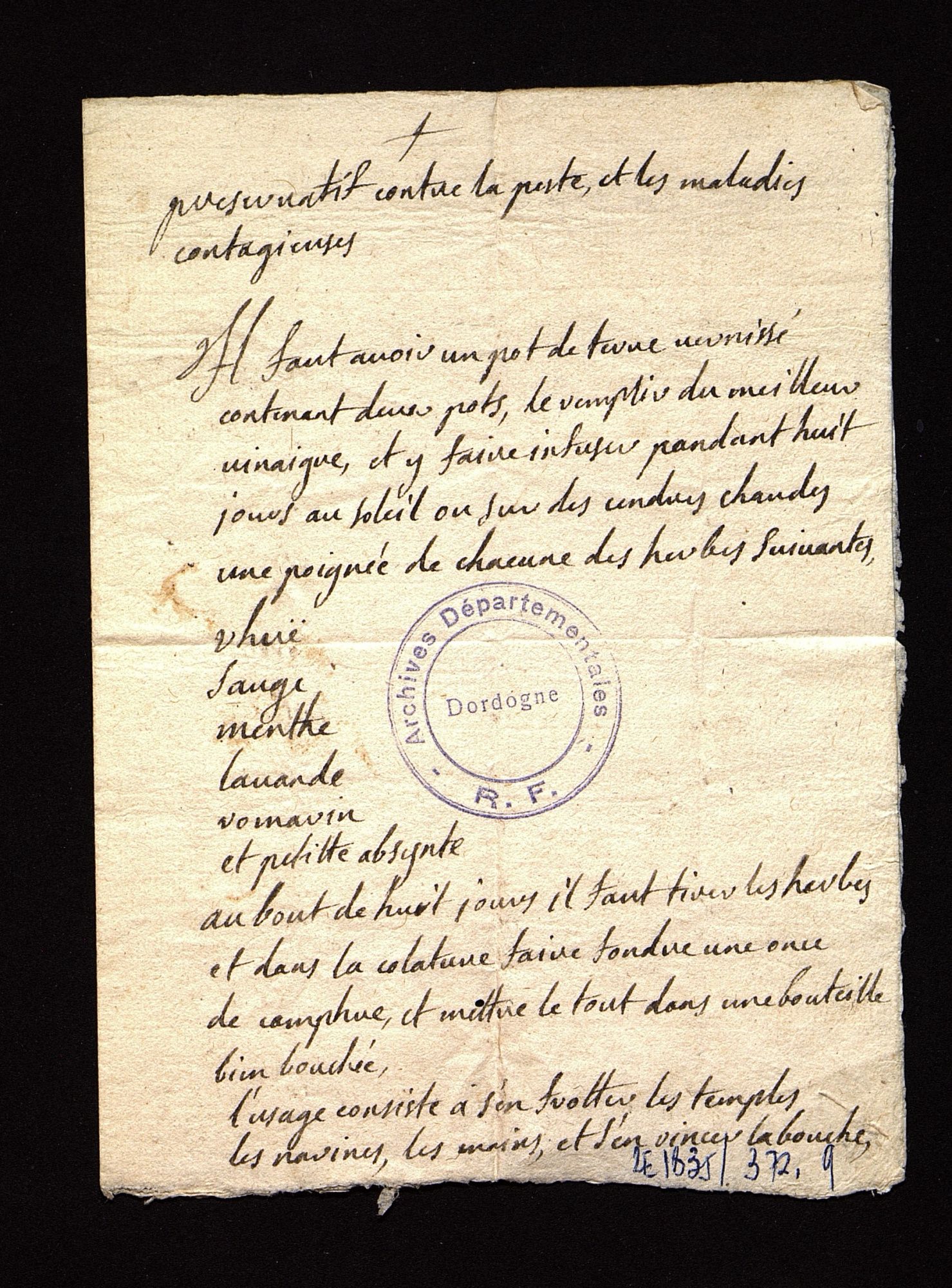 Préservatif contre la peste et les maladies contagieuses (XVIIIe s).