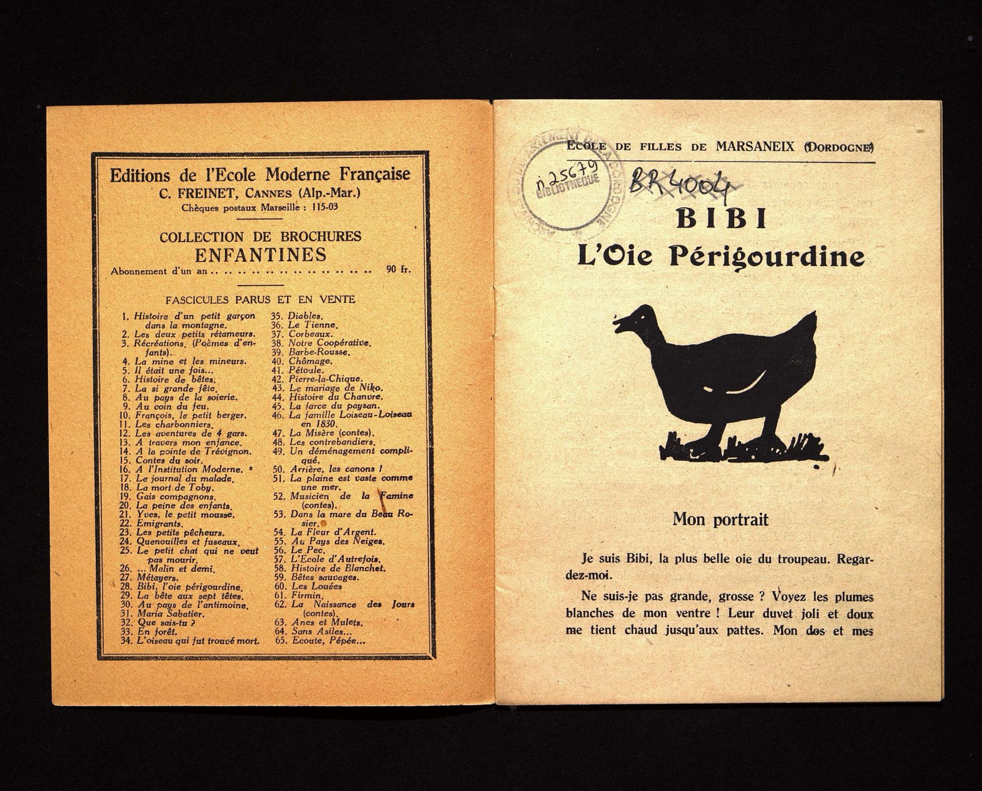 Enfantines, "Bibi, l'oie périgourdine", école de filles de Marsaneix (Dordogne), mars 1931.