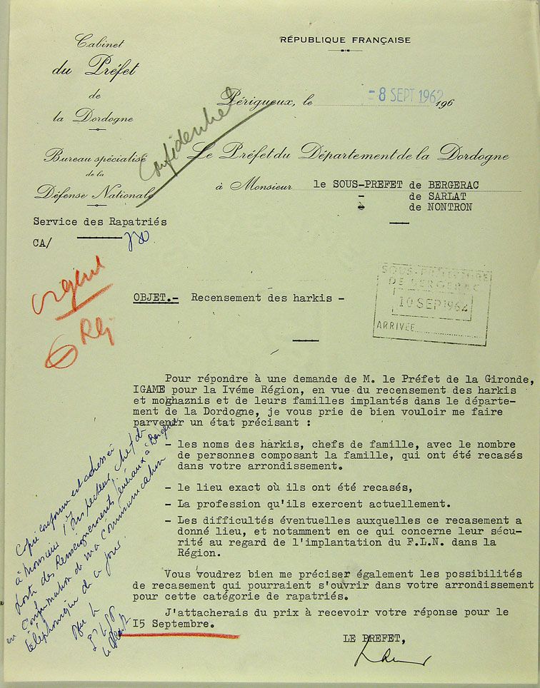 Lettre du préfet aux sous-préfets de la Dordogne