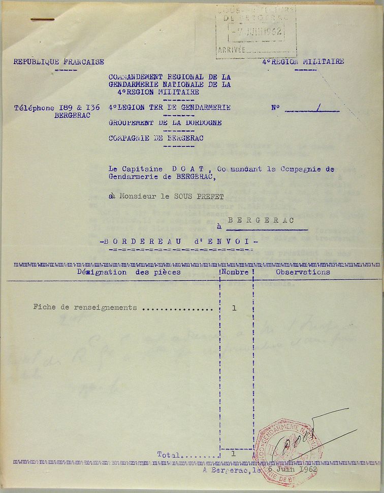 Fiche de renseignements de la gendarmerie