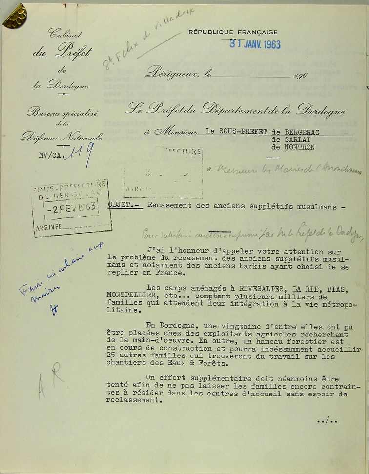 Lettre du préfet aux sous-préfets de la Dordogne