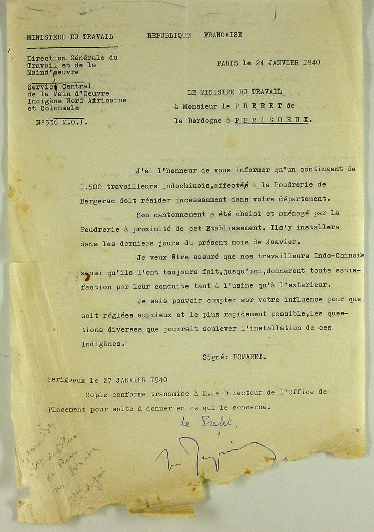 Lettre du ministre du travail au préfet de la Dordogne