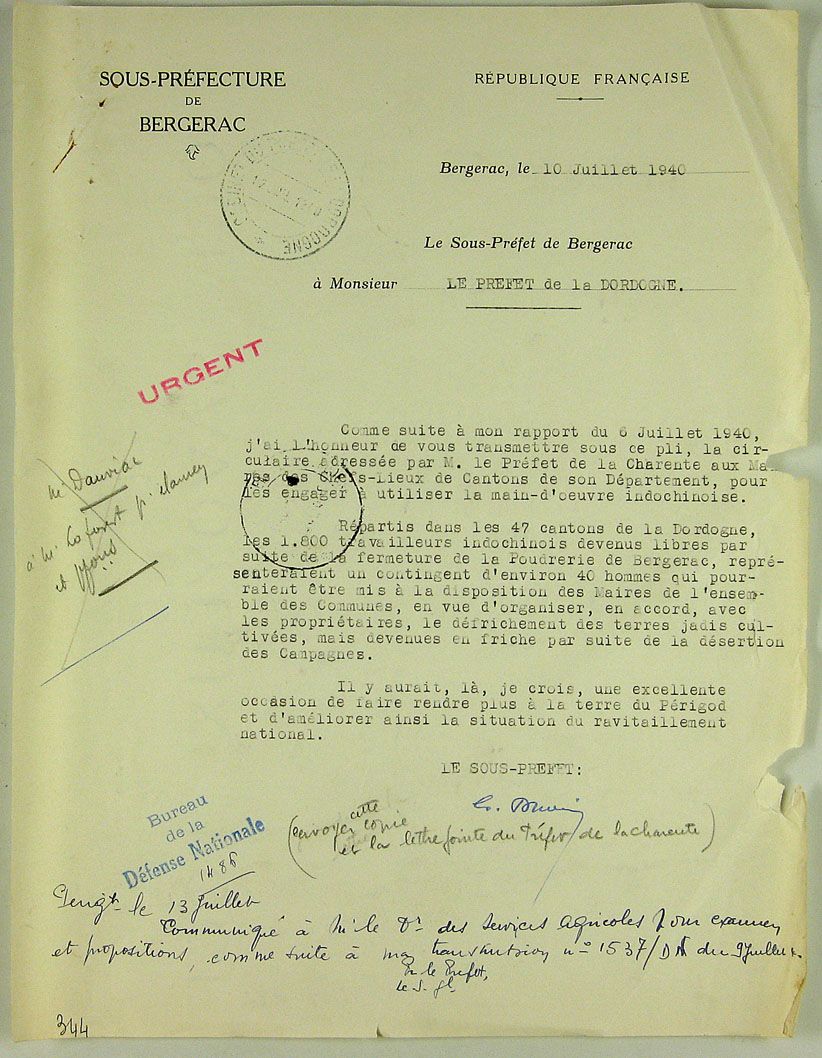 Lettre du sous-préfet de Bergerac au préfet de la Dordogne