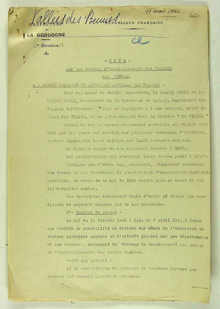 Rapport préfectoral sur les travaux d'assainissement des vallées des Beunes