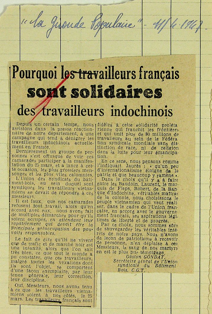 L'Indochine et les travailleurs indochinois à travers quelques coupures de presse
