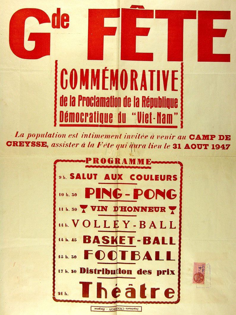 Affiche invitant la population de Bergerac à la " grande fête commémorative de la proclamation de la République démocratique du Viet-Nam "