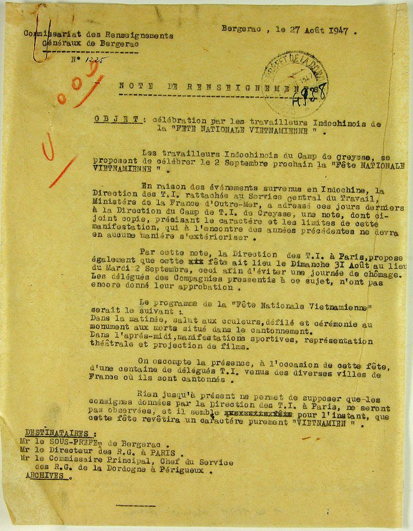 Note des renseignements généraux de Bergerac au sujet de la préparation de la célébration de la " fête nationale vietnamienne "