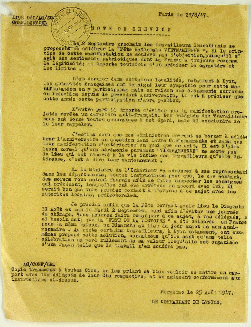 Note des renseignements généraux de Bergerac au sujet de la préparation de la célébration de la " fête nationale vietnamienne "
