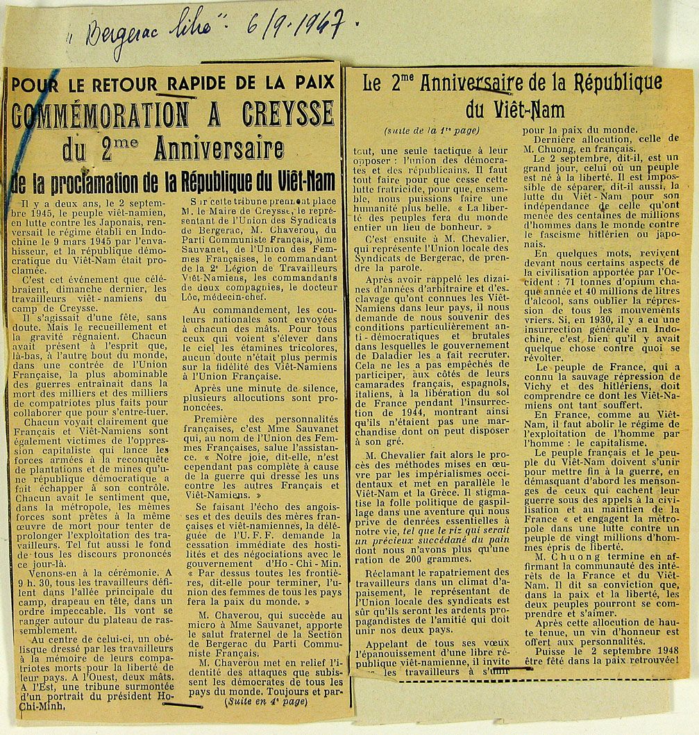 Article de Bergerac Libre au sujet de la célébration de la proclamation de la République du Vietnam
