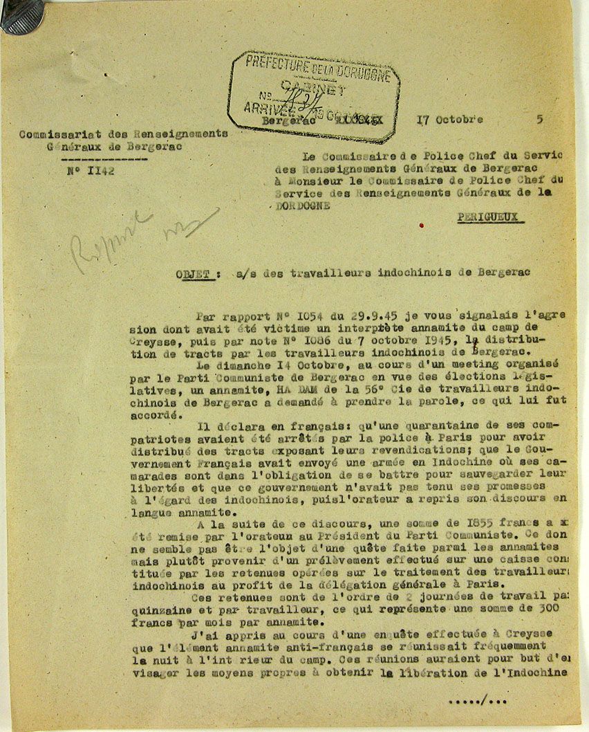 Lettre des renseignements généraux de Bergerac aux renseignements généraux de la Dordogne