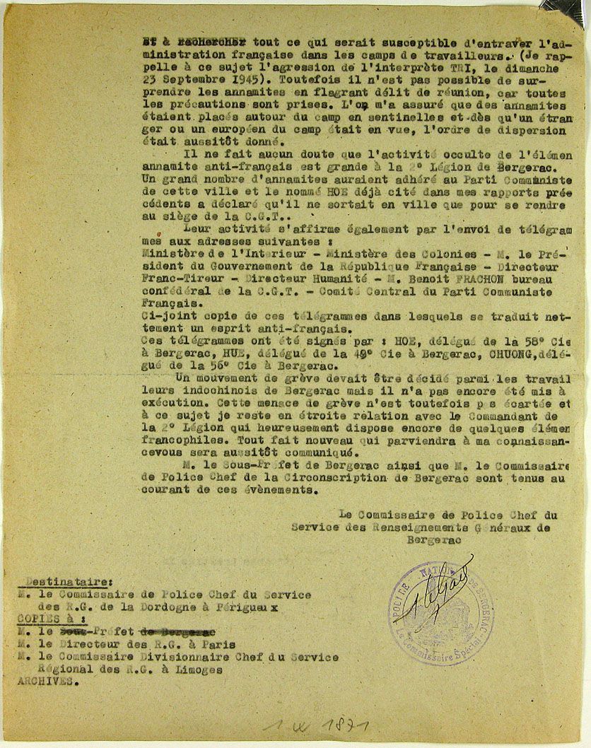 Lettre des renseignements généraux de Bergerac aux renseignements généraux de la Dordogne