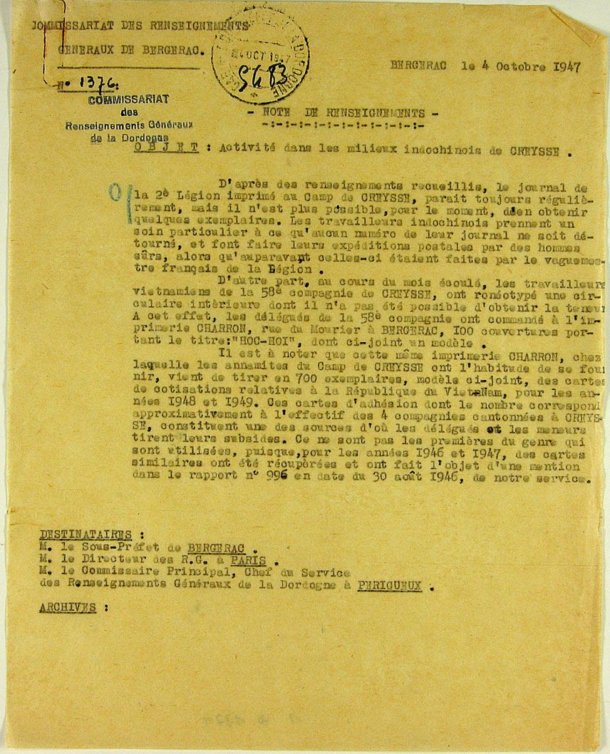 Note des renseignements généraux de Bergerac 