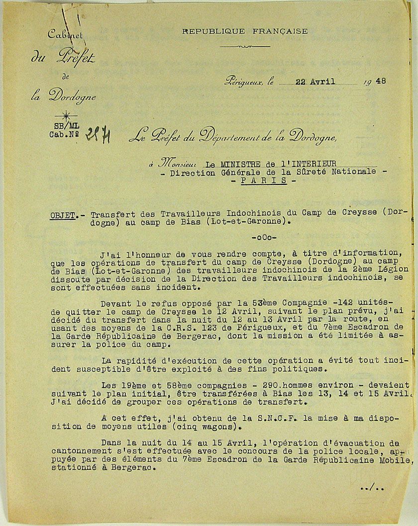 Lettre du préfet de la Dordogne au ministre de l'Intérieur