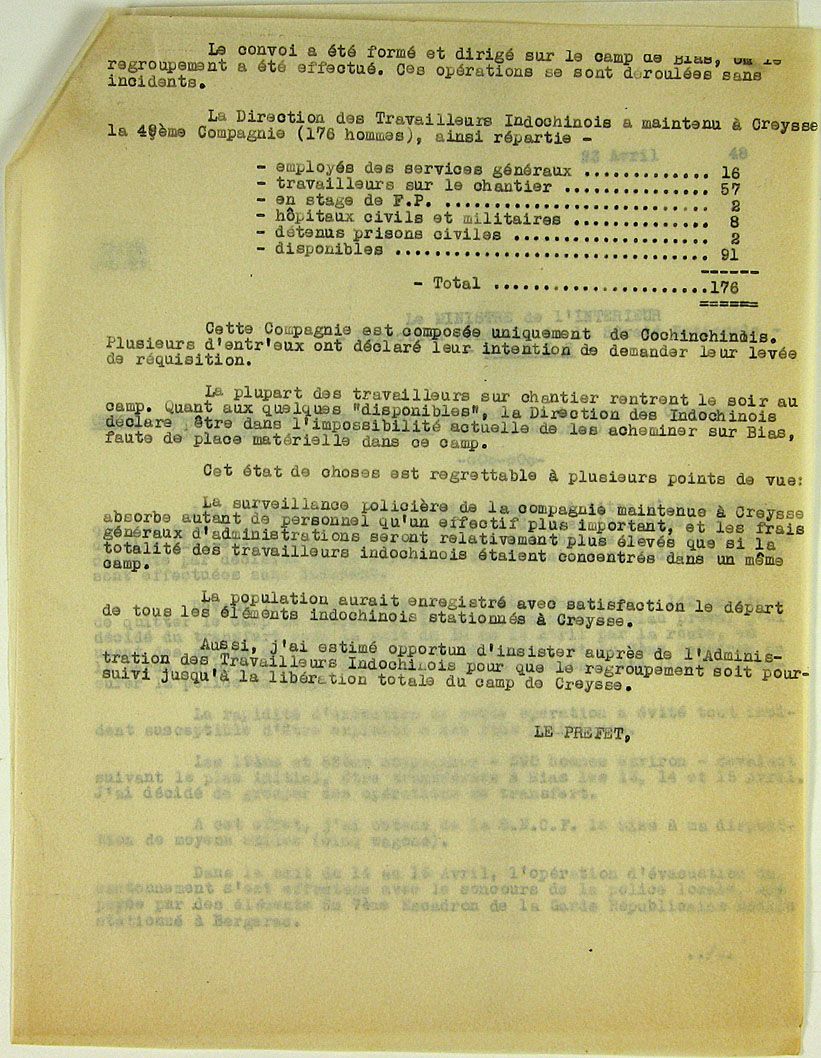 Lettre du préfet de la Dordogne au ministre de l'Intérieur