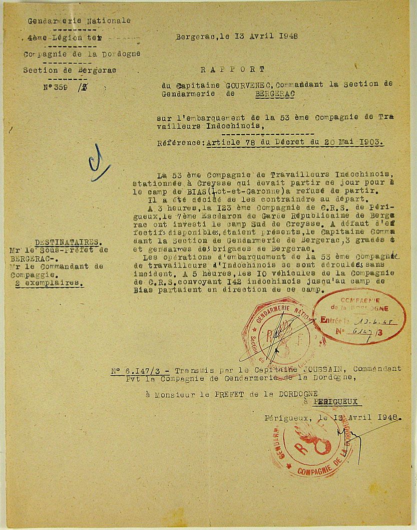 Lettre du préfet de la Dordogne au ministre de l'Intérieur