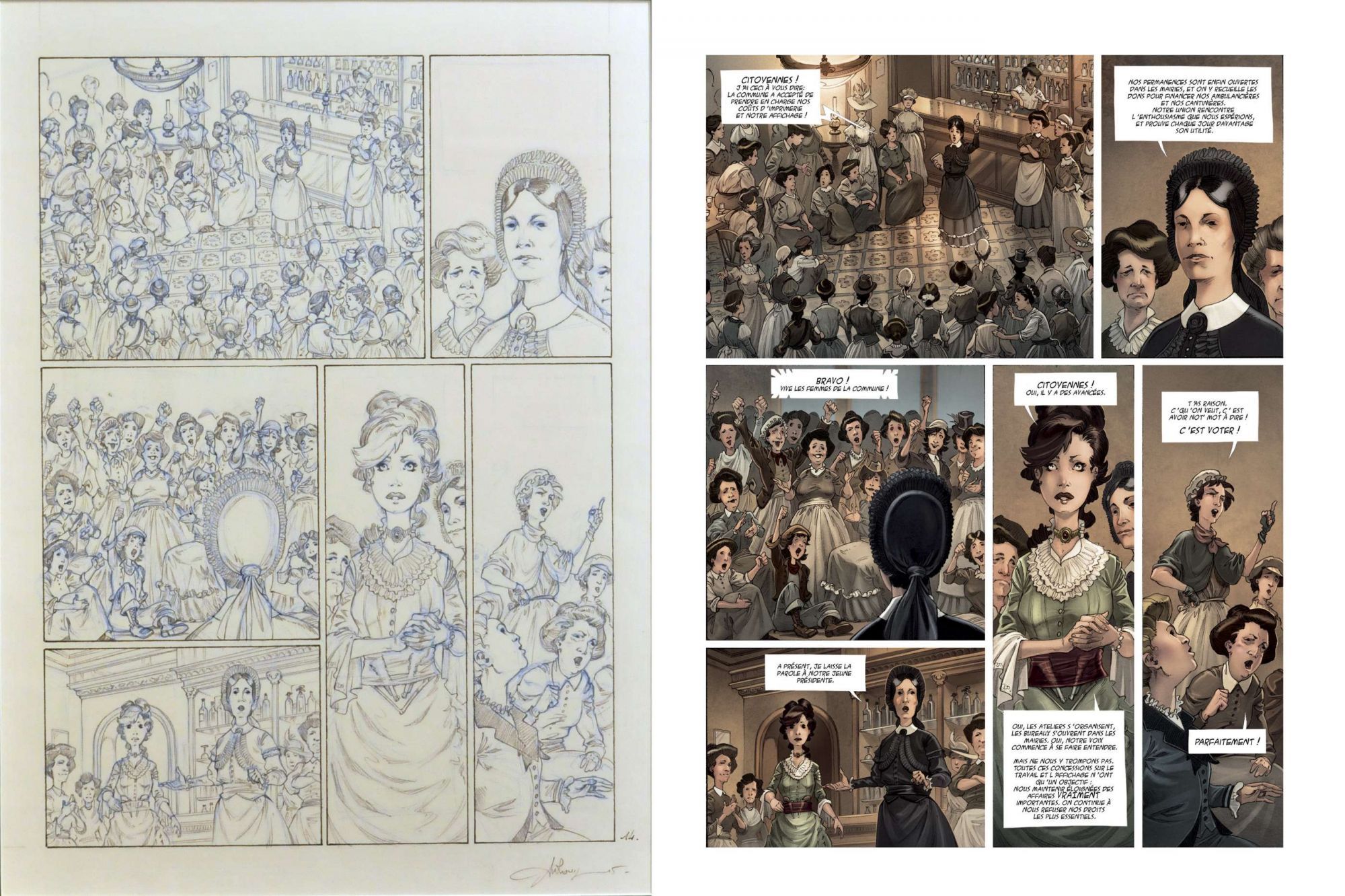 Communardes ! : l'Aristocrate fantôme (page 14. Planche originale et page publiée.)