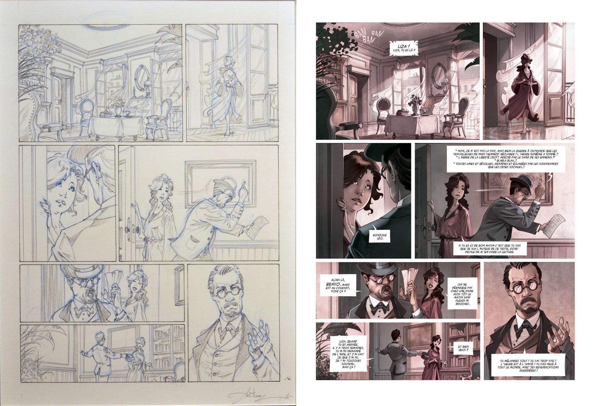 Communardes ! : l'Aristocrate fantôme (page 16. Planche originale et page publiée.)