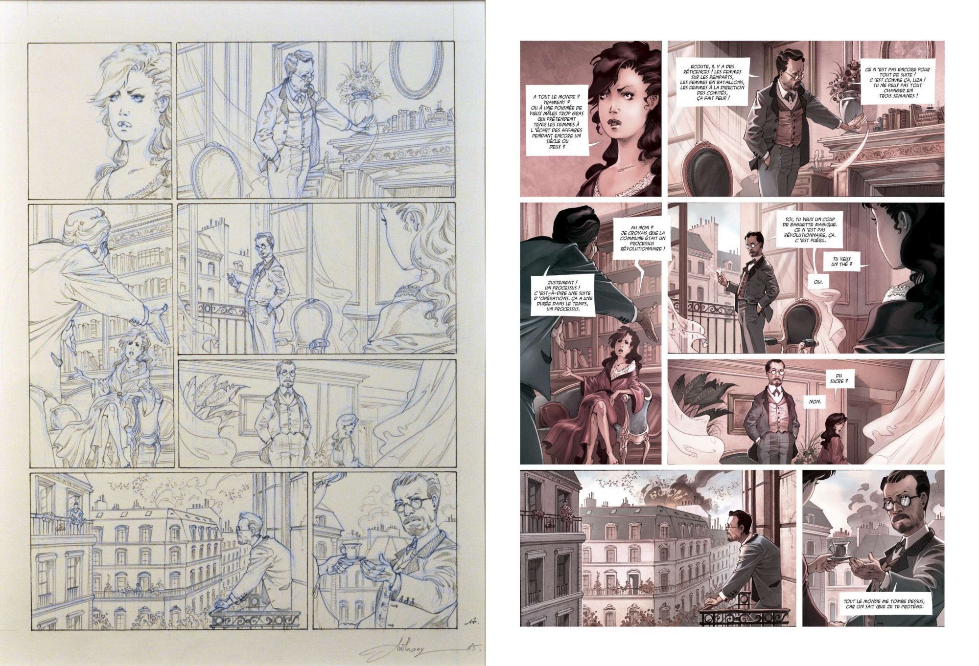 Communardes ! : l'Aristocrate fantôme (page 17. Planche originale et page publiée.)