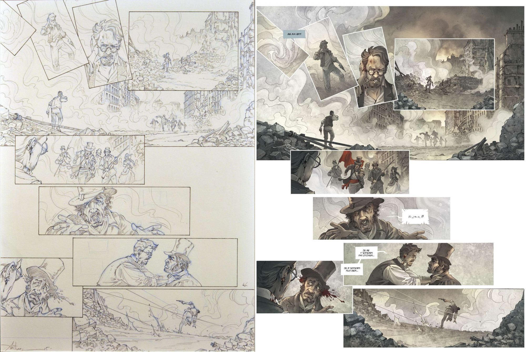 Communardes ! : l'Aristocrate fantôme (page 46. Planche originale et page publiée.)